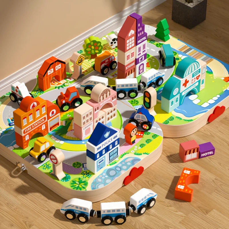 Busy Town Adventure wooden city building blocks and magnetic car track toy for toddlers.